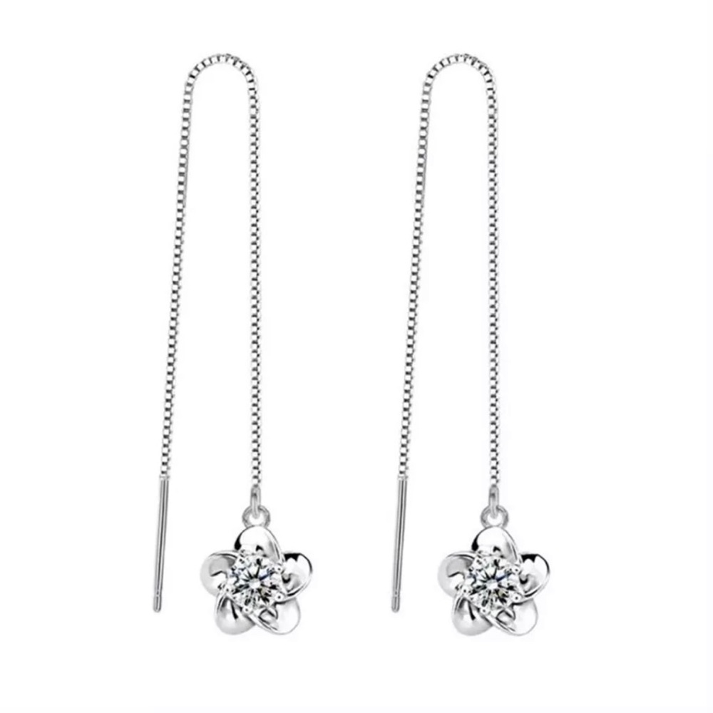925 Sterling Silver Cubic Zirconia Flower Drop Earrings